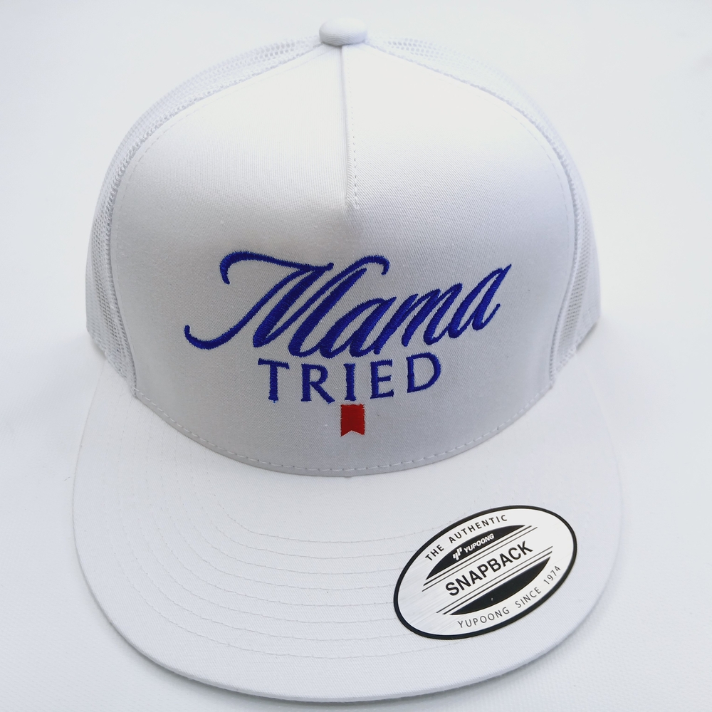 White Yupoong Flat Bill With Blue Embroidery Mama Tried Snapback Hat Cap